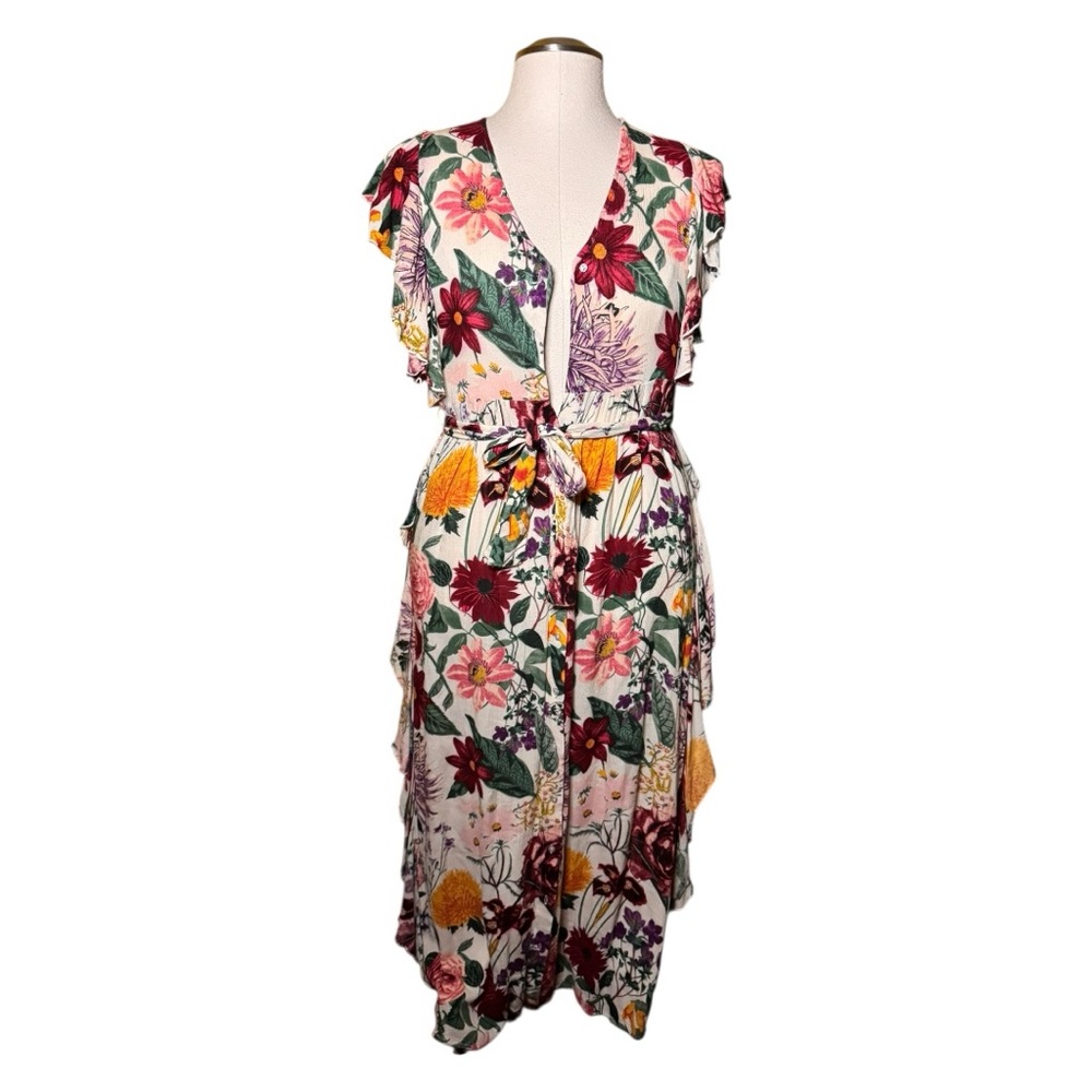 Free People Dana V-Neck Ruffle Flutter Sleeve Floral Flowy Boho Fall Dress